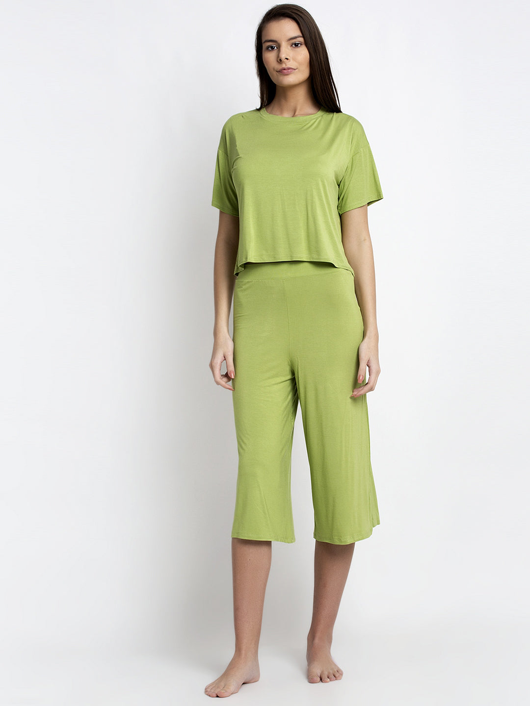 Women Green Round Neck Solid Night Suit