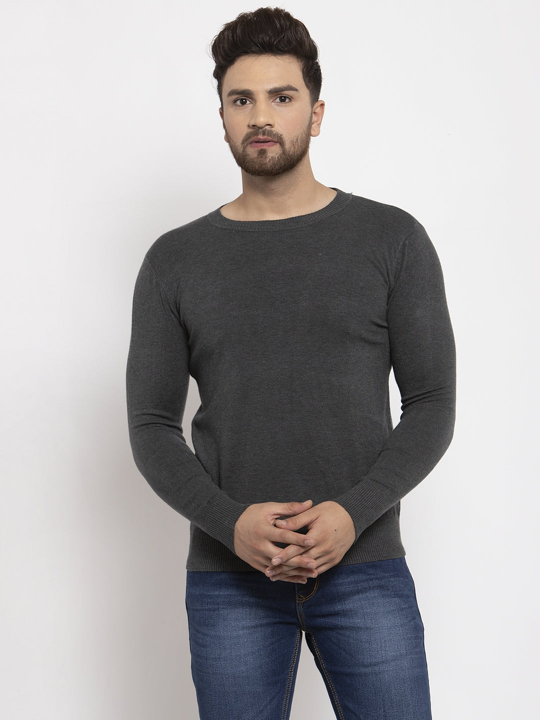 Men Grey Solid Round Neck Pullover