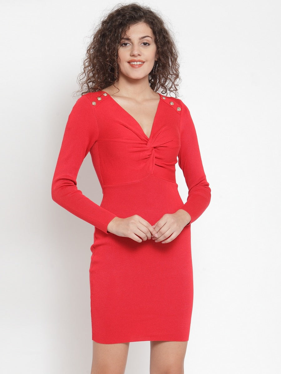 Women Solid Red V-Neck Dress - Global Republic