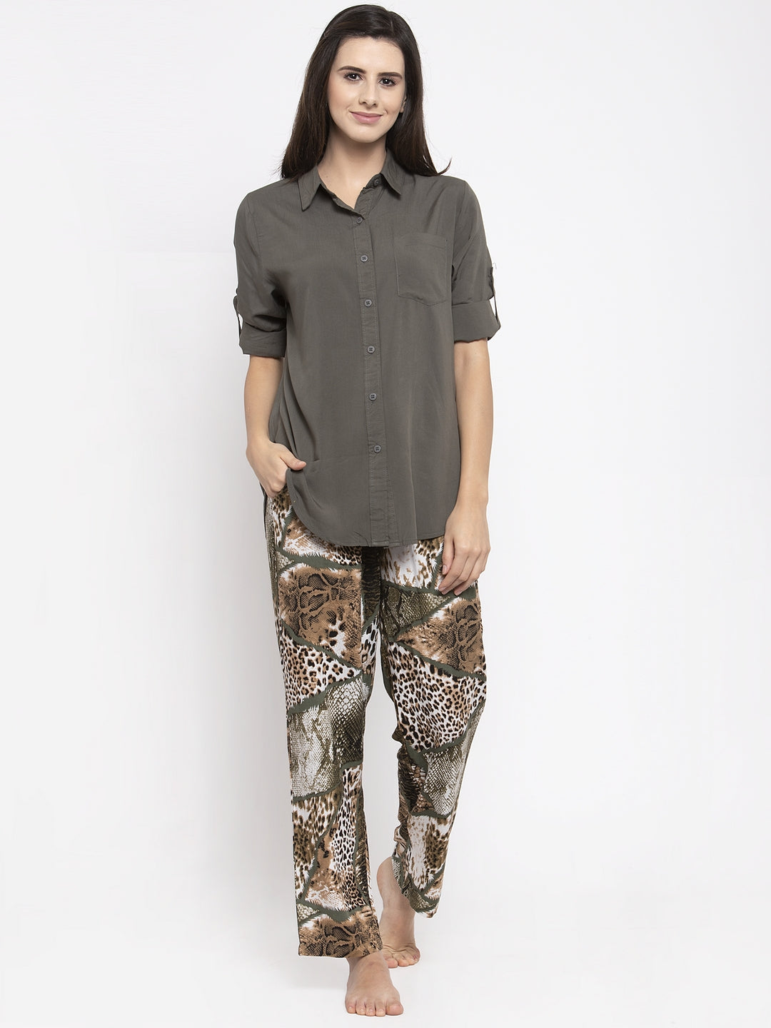 Women Olive Green Shirt Night Suit Set
