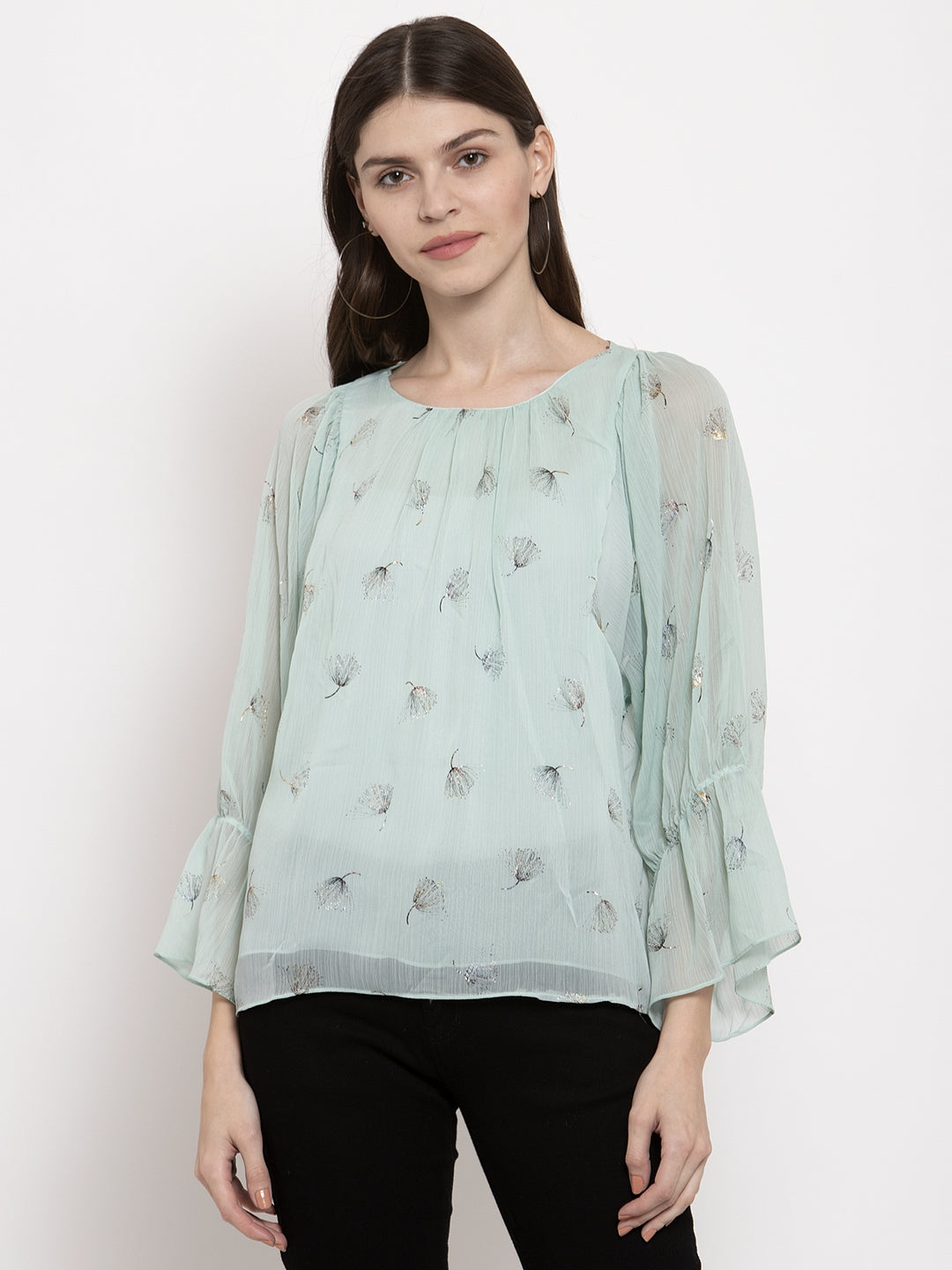 Women Green Floral Printed Flared Fit Top