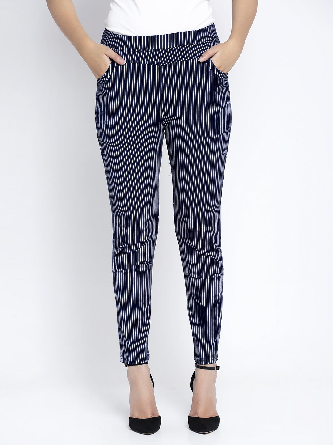 women navy striped jegging