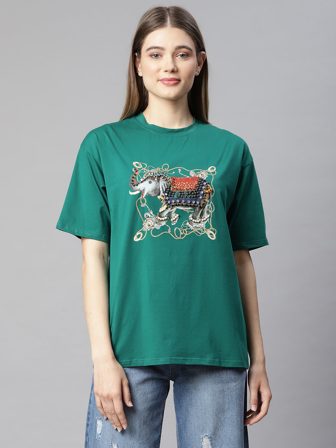 women animation printed green t shirt