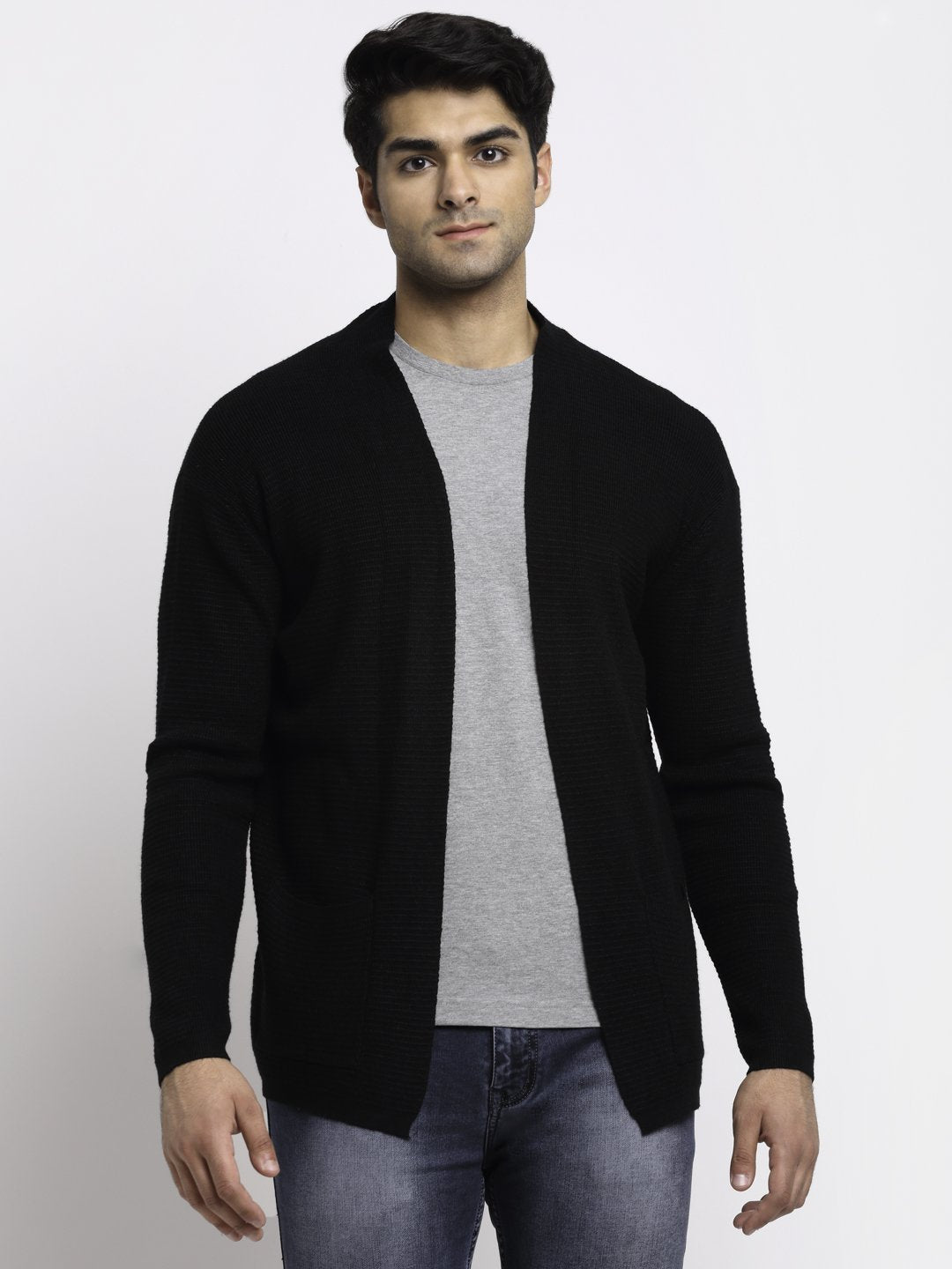 Men Black Front Open Solid Shrug