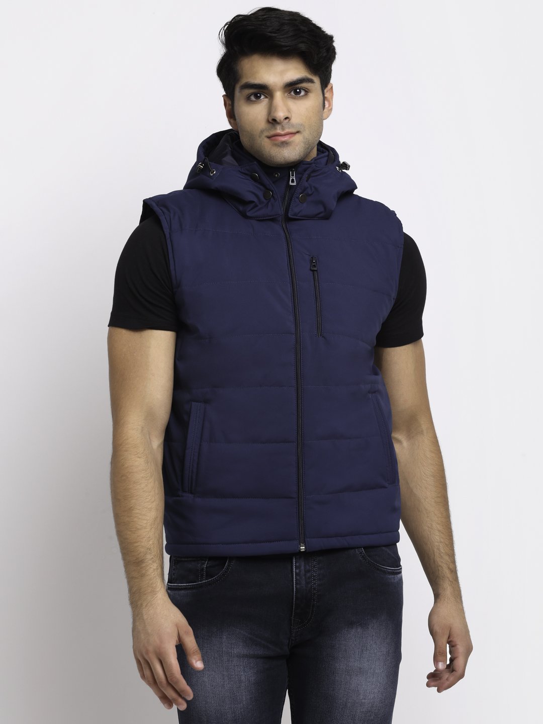 Navy Blue Hooded Solid Jacket - Global Republic