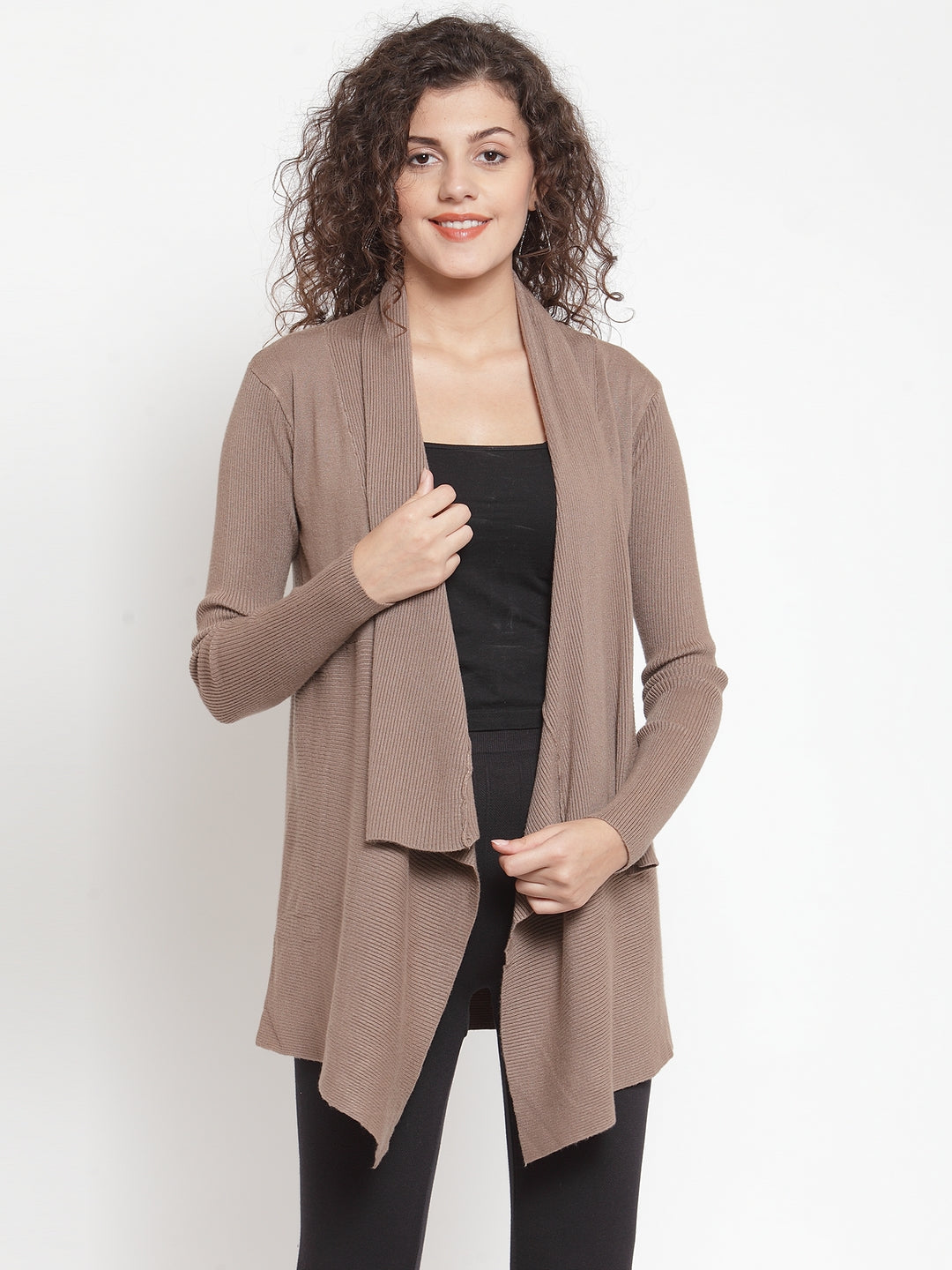 Women Khaki Long Sleeves Solid Shrug