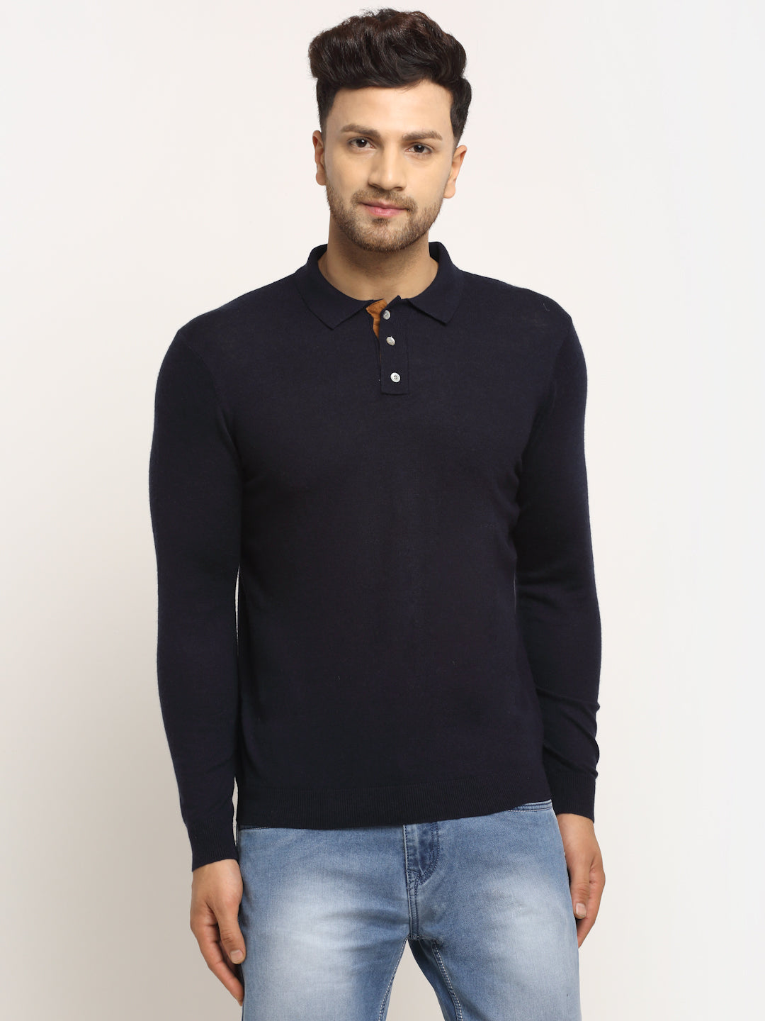 Men Navy Blue Polo Neck Knit Solid Pullover - Global Republic