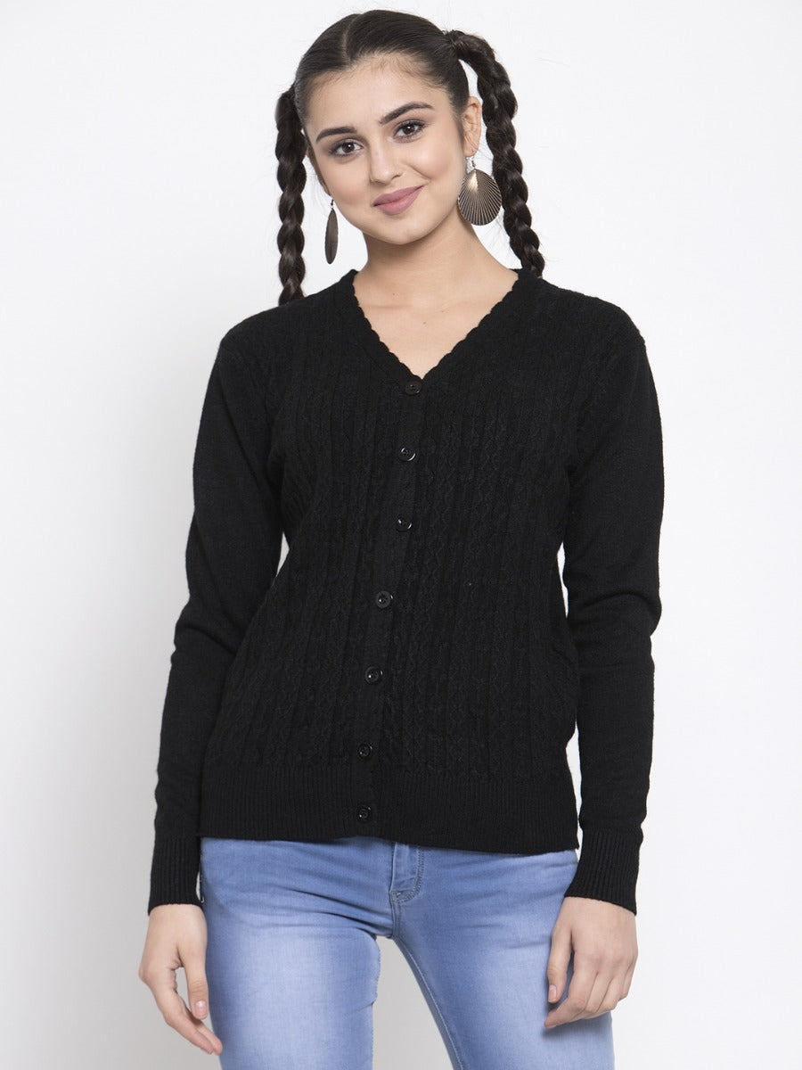 Women Solid Black Woolen V-Neck Cardigan