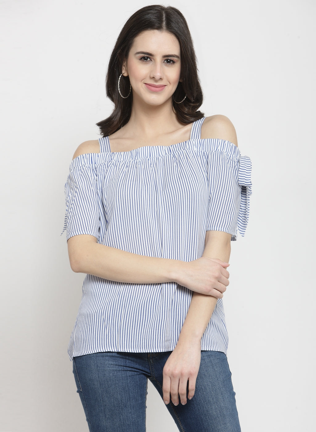 Women Striped Blue Boat Neck Top