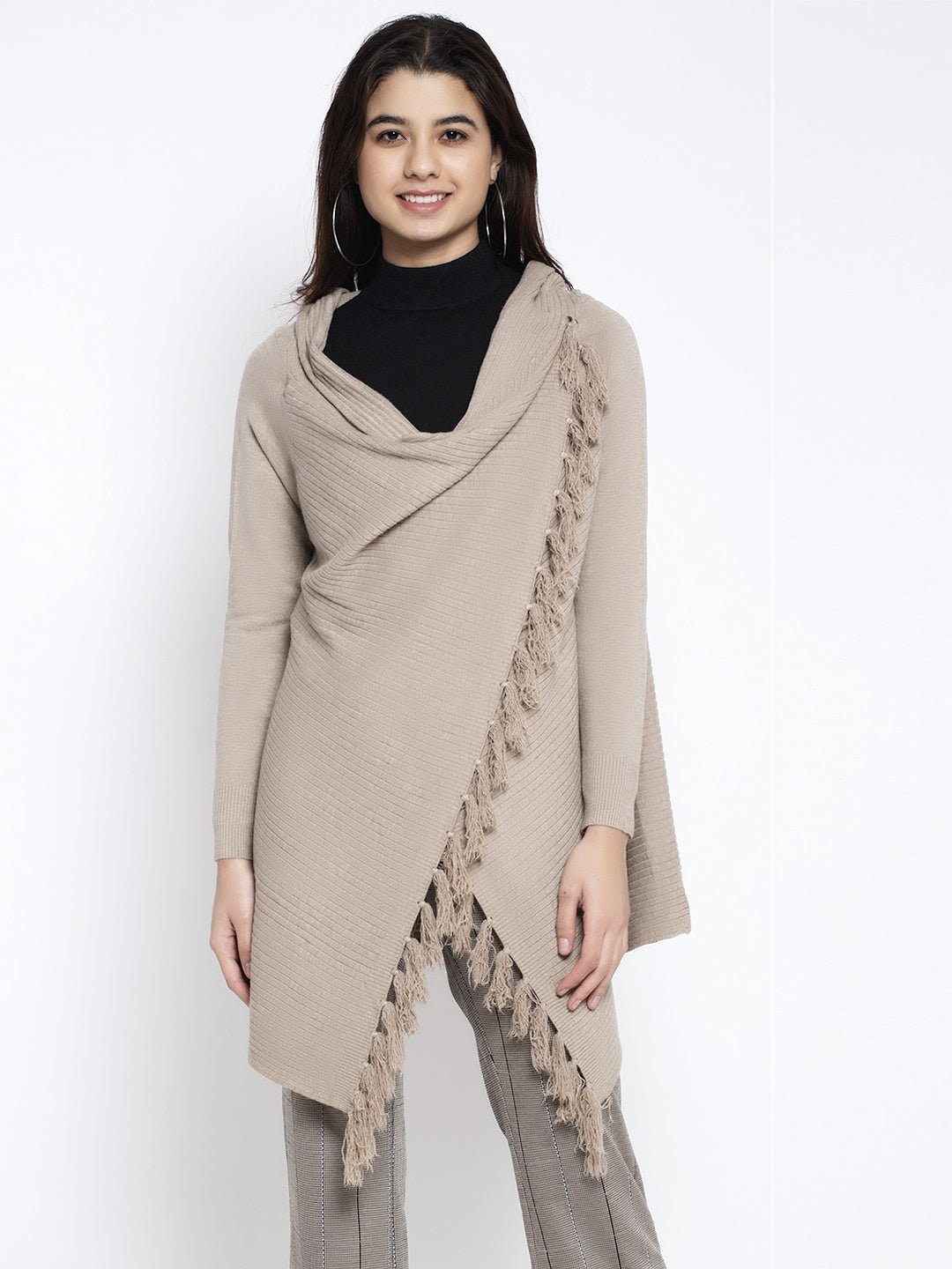 Women Beige Front Open Solid Shrug