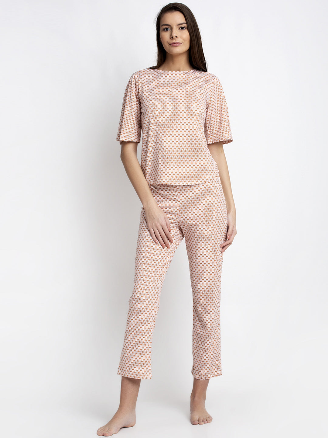 Women Peach Round Neck Printed Night Suit