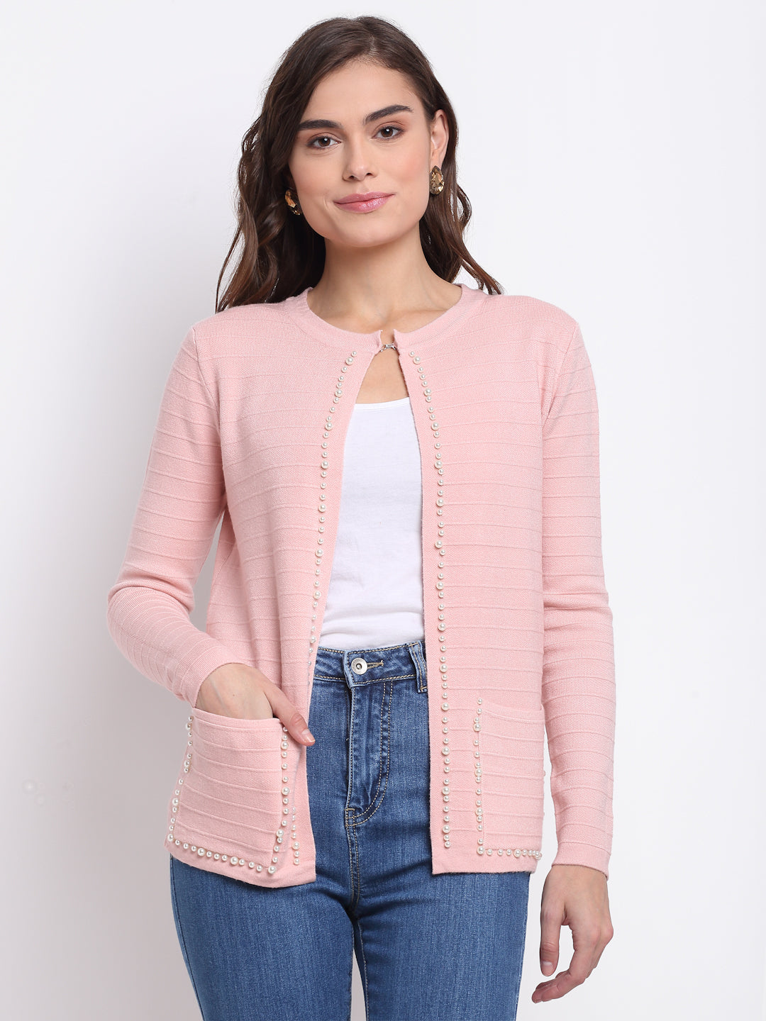 Women Pink Round Neck Solid KNIT Shrug