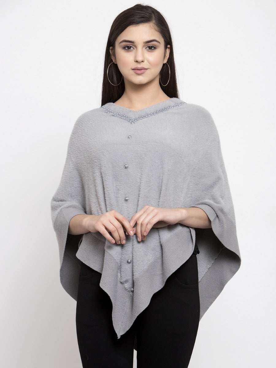 Women Grey Round Neck Loose Fit Poncho - Global Republic