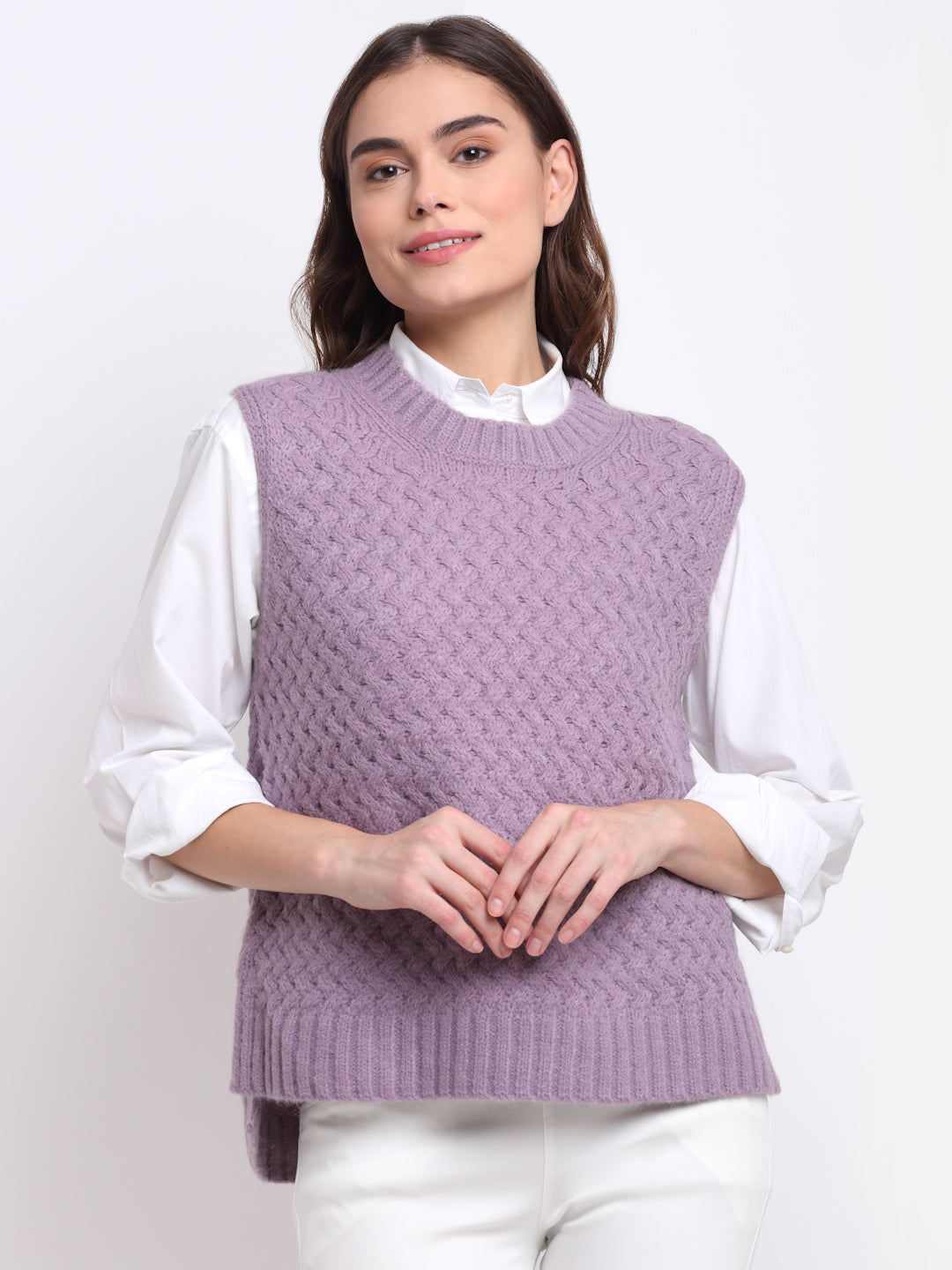 Women Purple Round Neck Sleeveless Knit Pullover - Global Republic