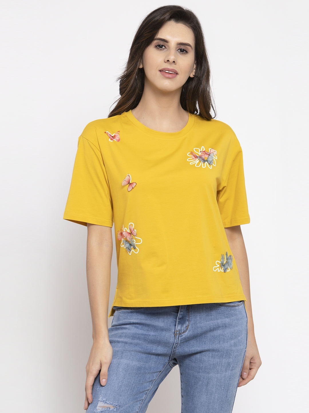 Women Printed Mustard Round Neck T-Shirt