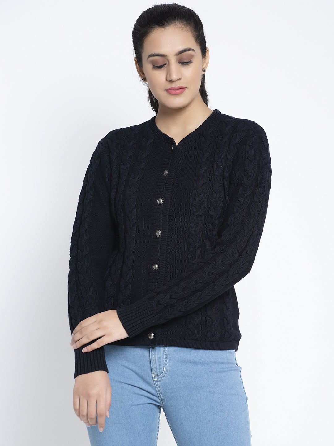 Women Blue Solid Cardigan With Navy