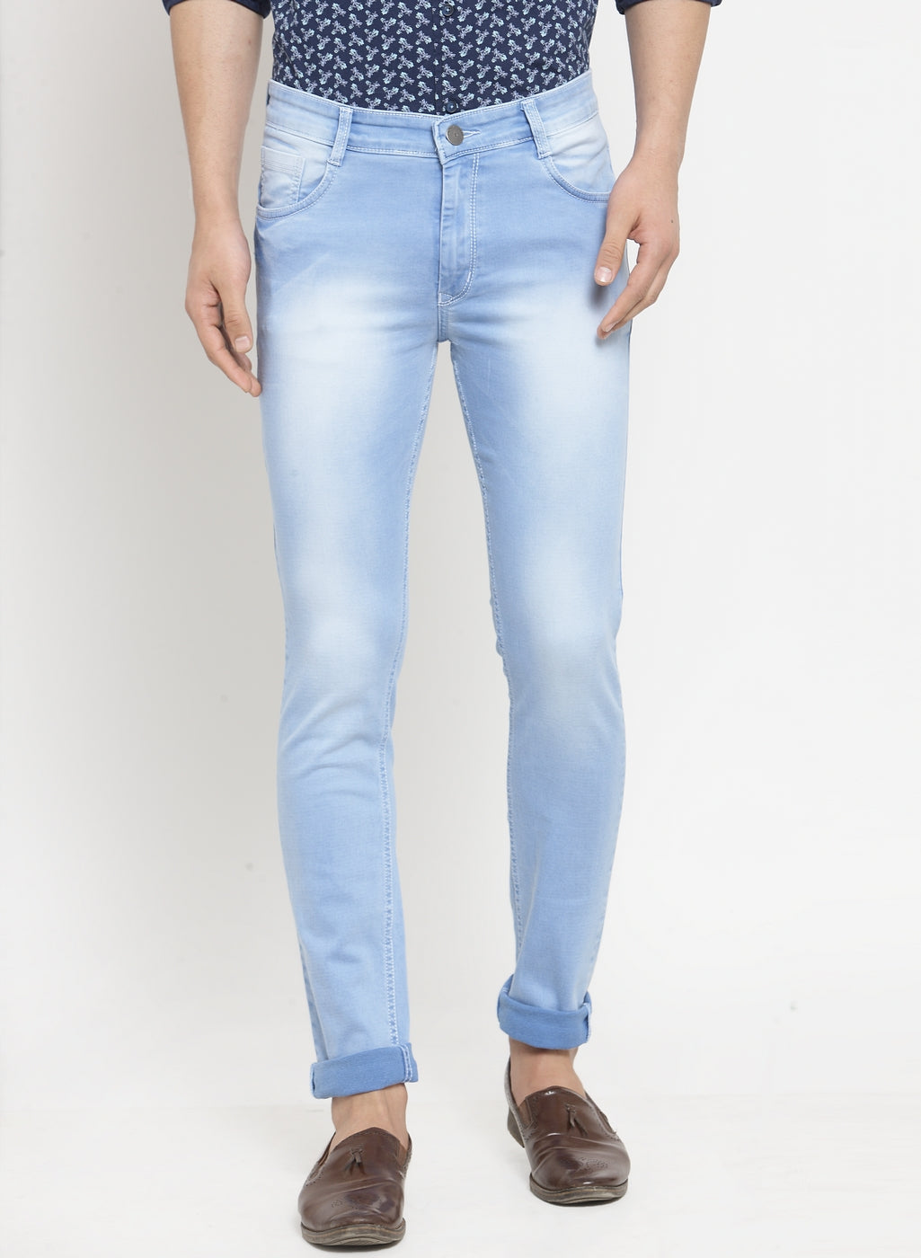 Men'S Light Blue Washed Denim Regular Fit Jeans