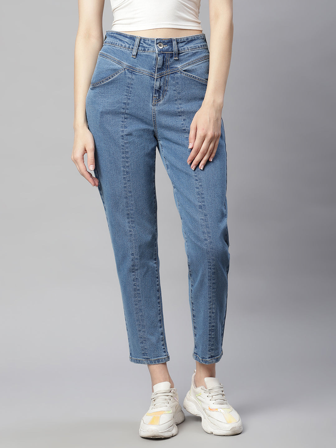 women blue denim straight cut jeans