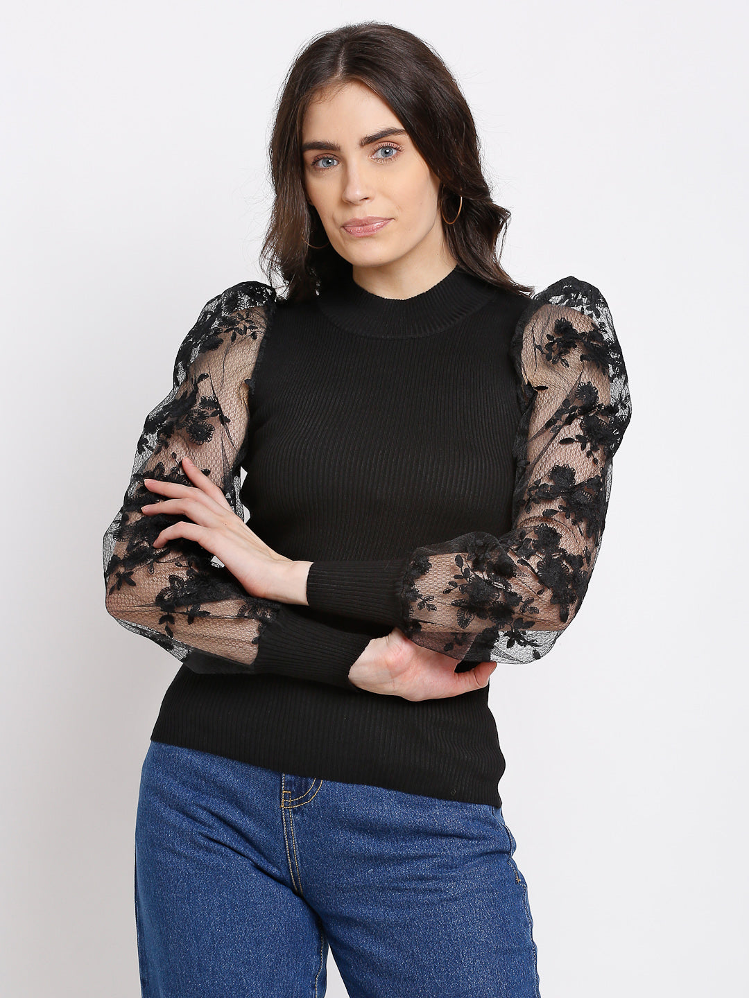 Women Black Knitted Solid High Neck Pullover