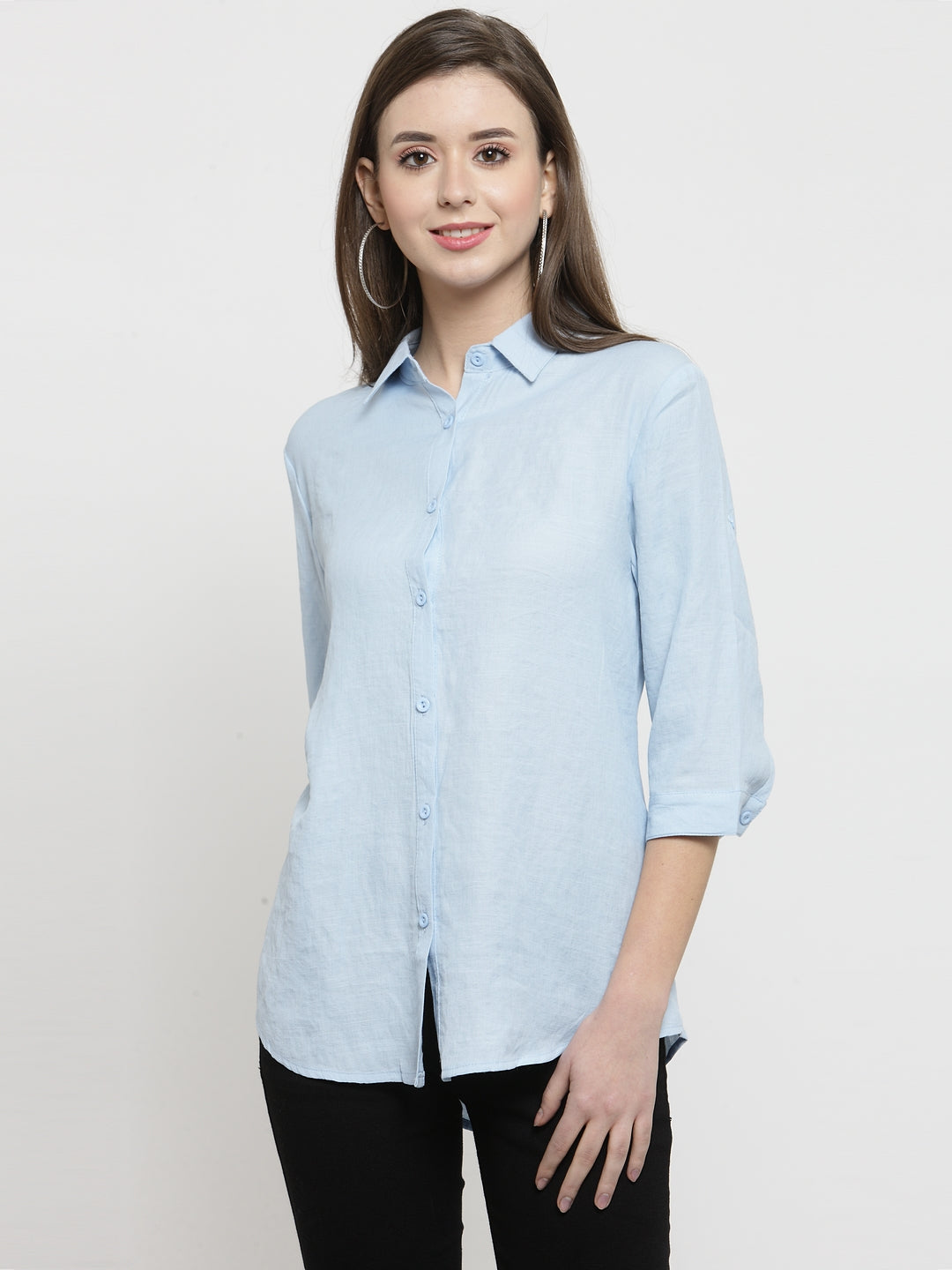 women sky solid cotton shirt