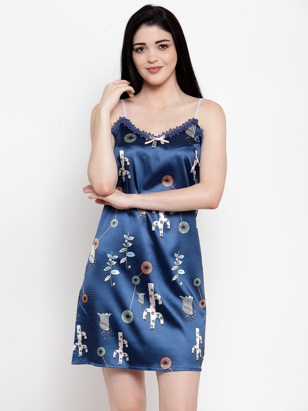 Women Navy Satin Printed Mini Nighty