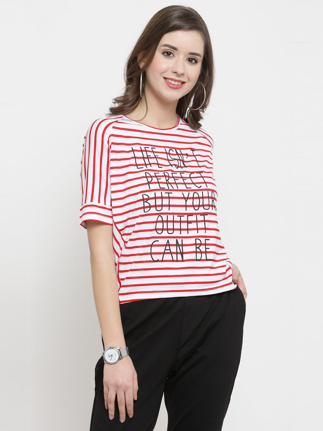 Women Red Striped Round Neck Regular Fit T-Shirts