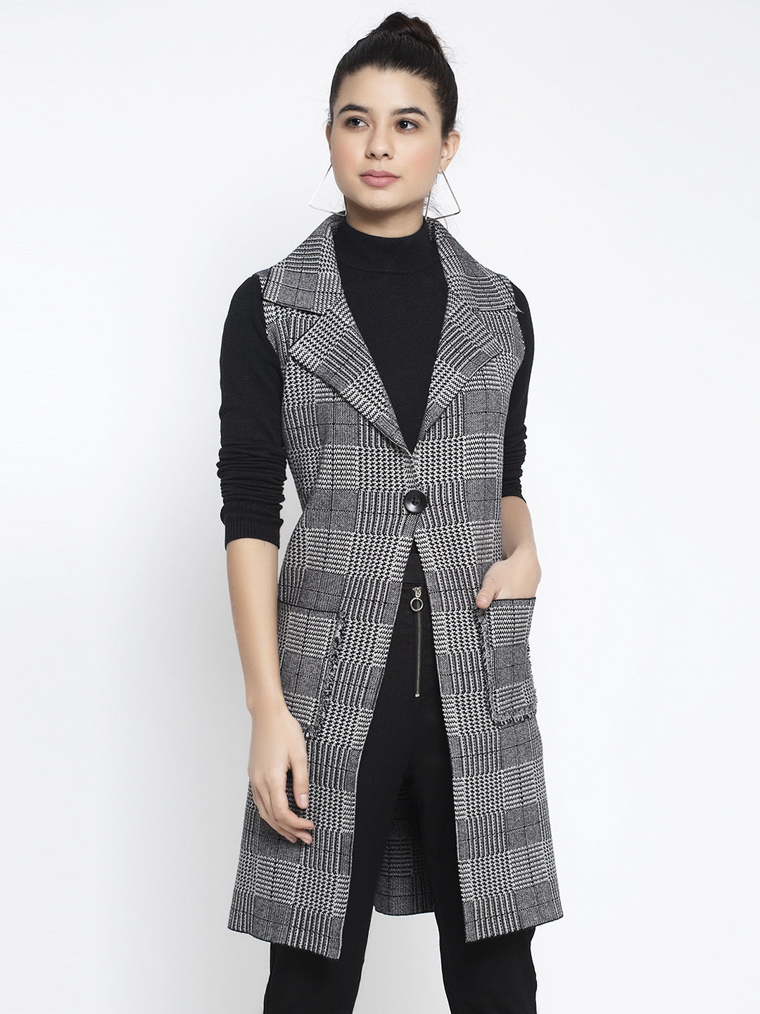 Women Black Collared Checked Coat