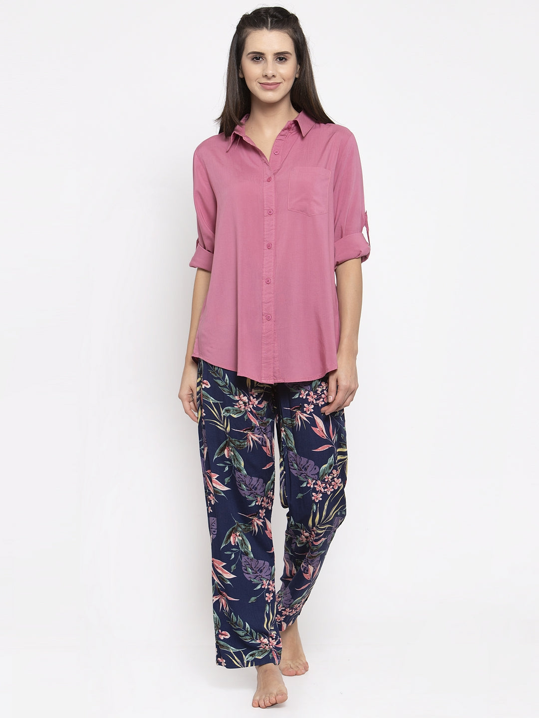 Women Pink Shirt Night Suit Set