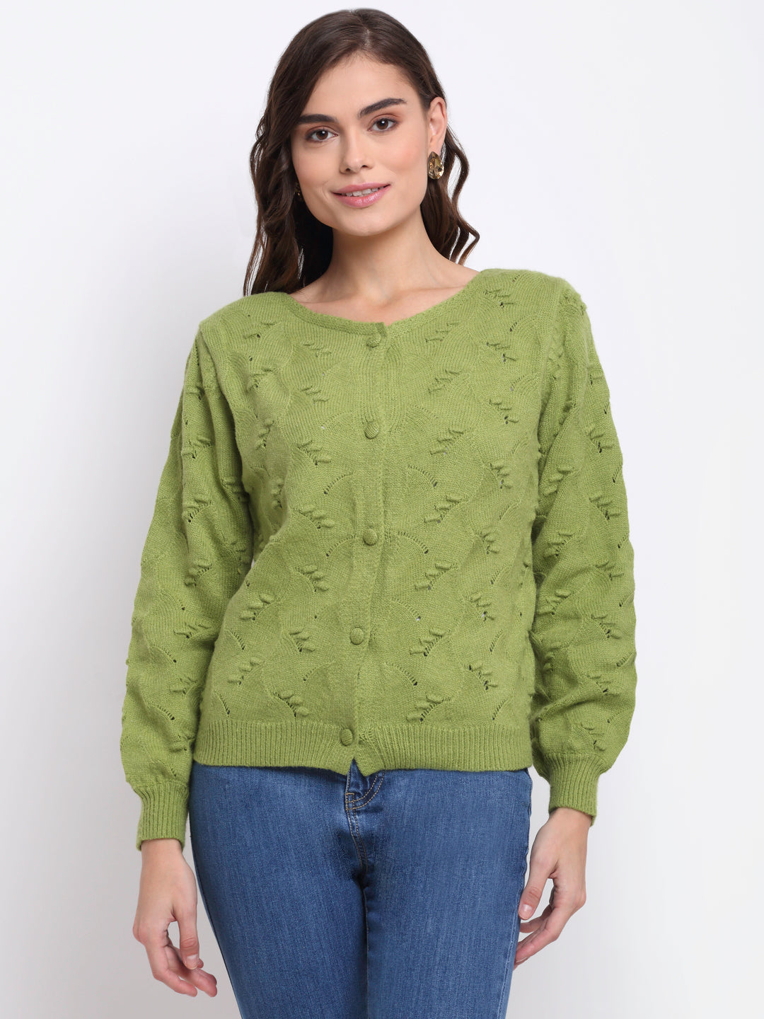 Green Knitted Solid Cardigan - Global Republic