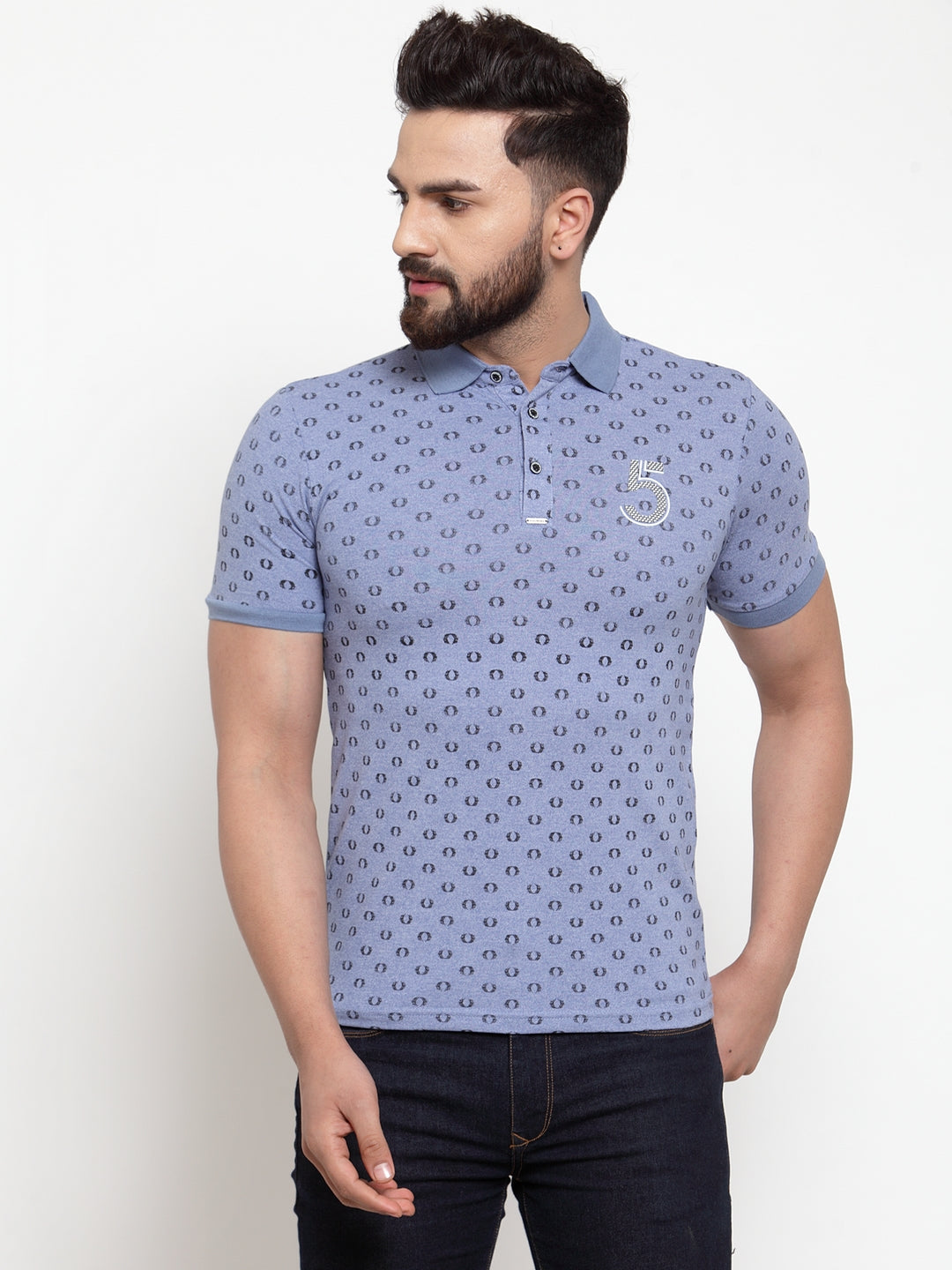 Men Sky Blue Dot Printed Polo T-Shirt
