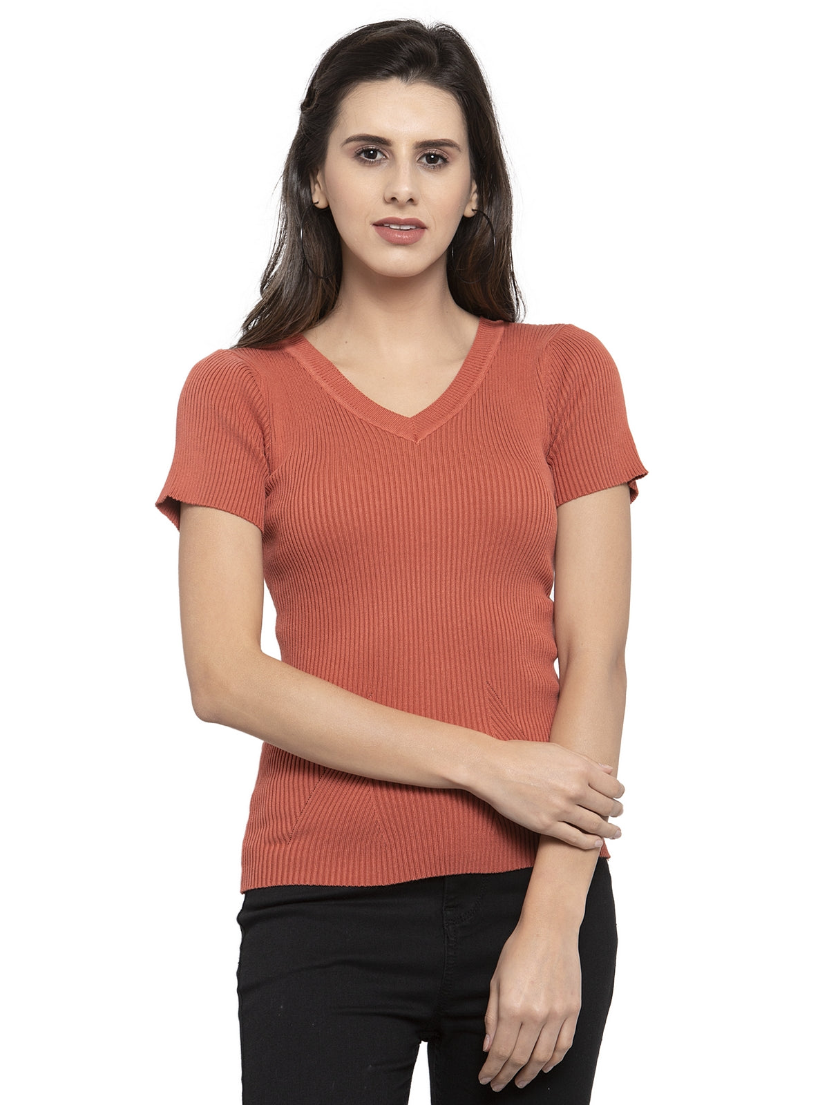 Women Solid Tan and Black Viscose Combo of 2 Tops