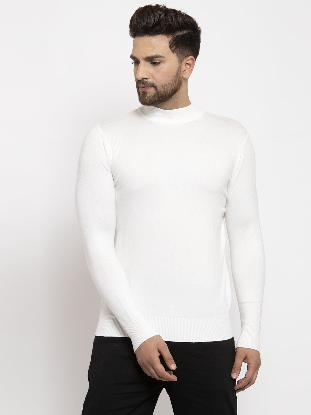Men Off White Solid Turtle Neck Pullover