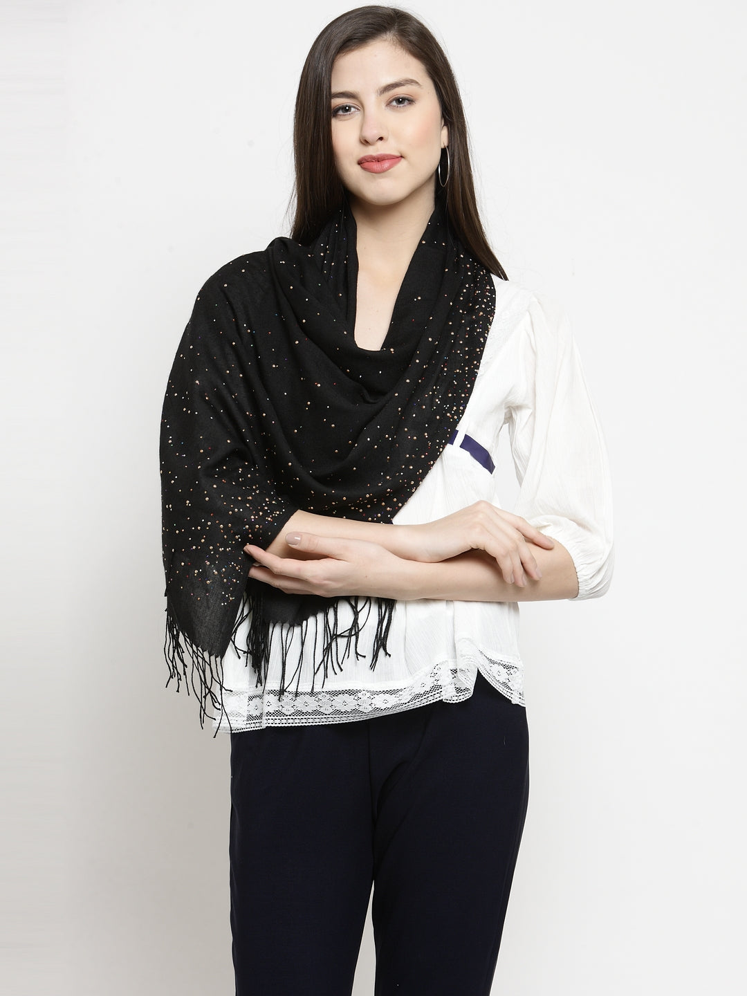 Women Black Cotton Foax Stole With Beads