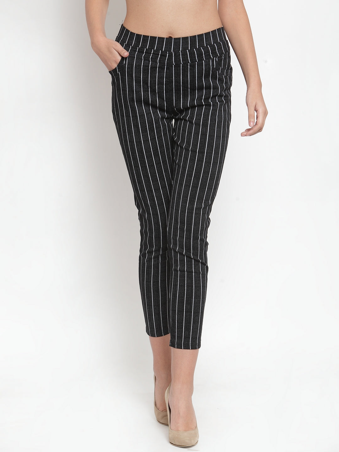 Women Black Striped Mid Rise Stretchable Jegging