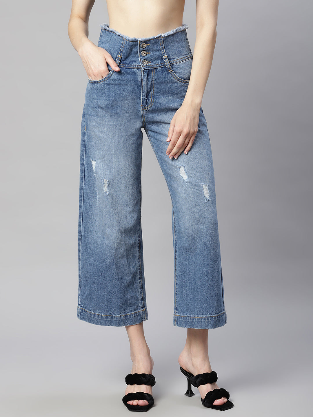 Women Double Waistband Distressed Cropped Length Jeans