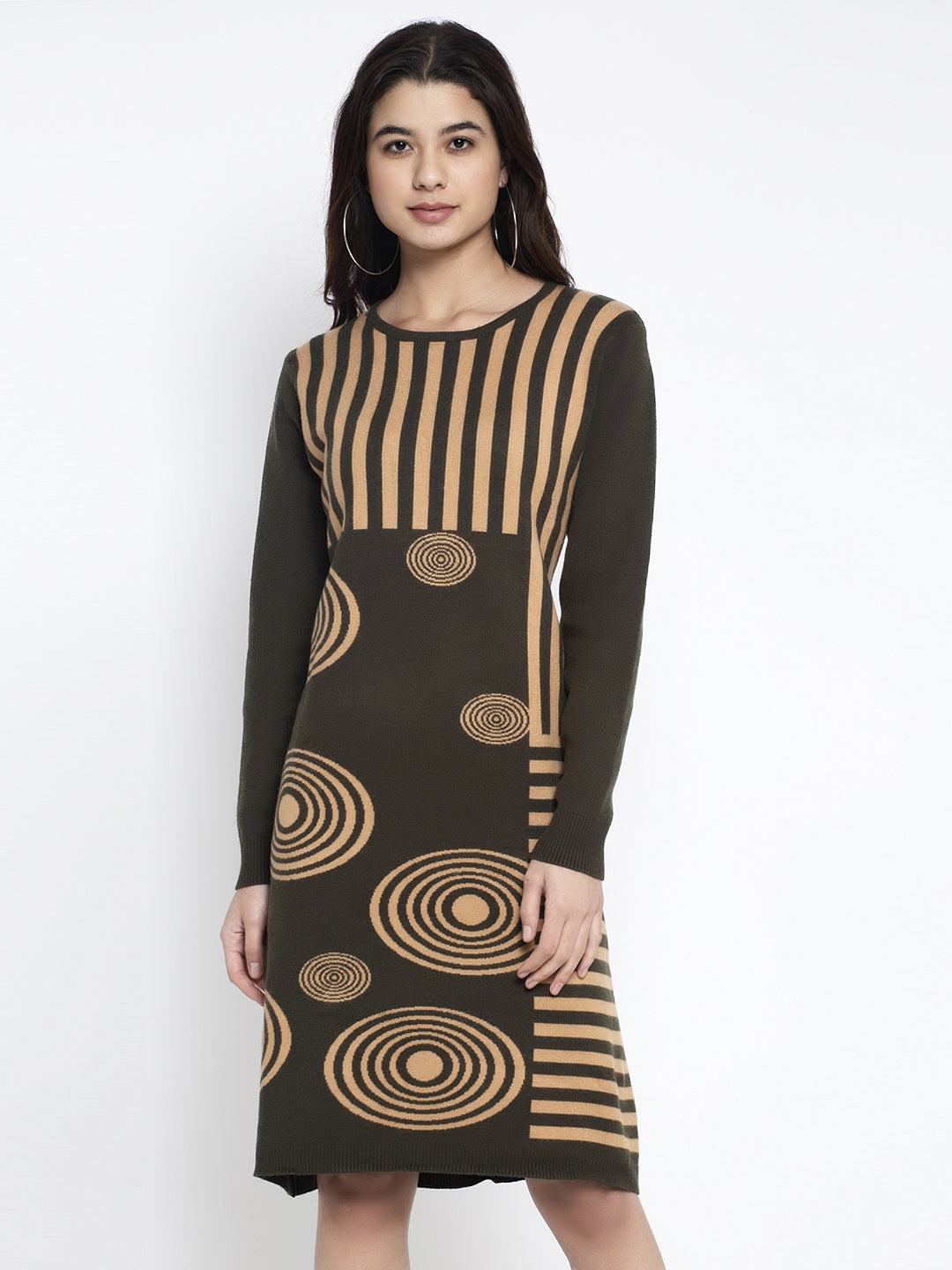 women green round neck printed dress