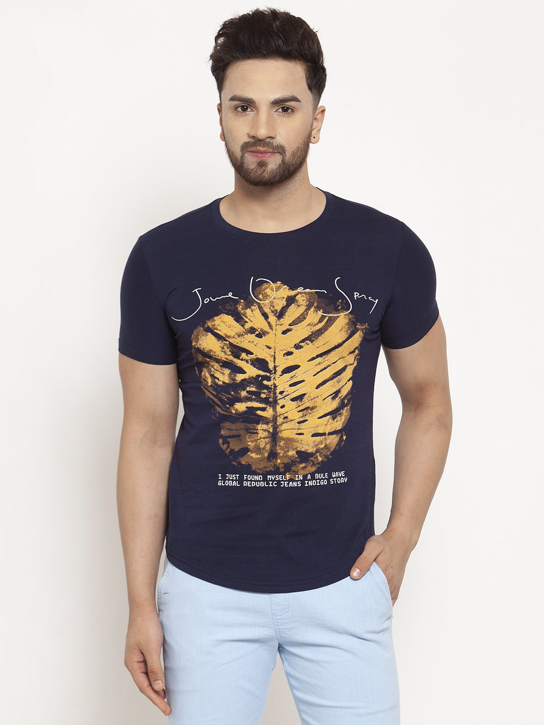 Mens Navy Blue Hosiery Printed T-Shirt