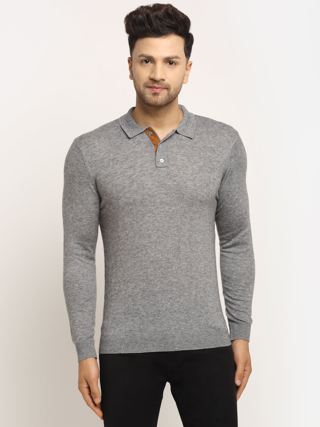 Men Grey Polo Neck Knit Solid Pullover - Global Republic