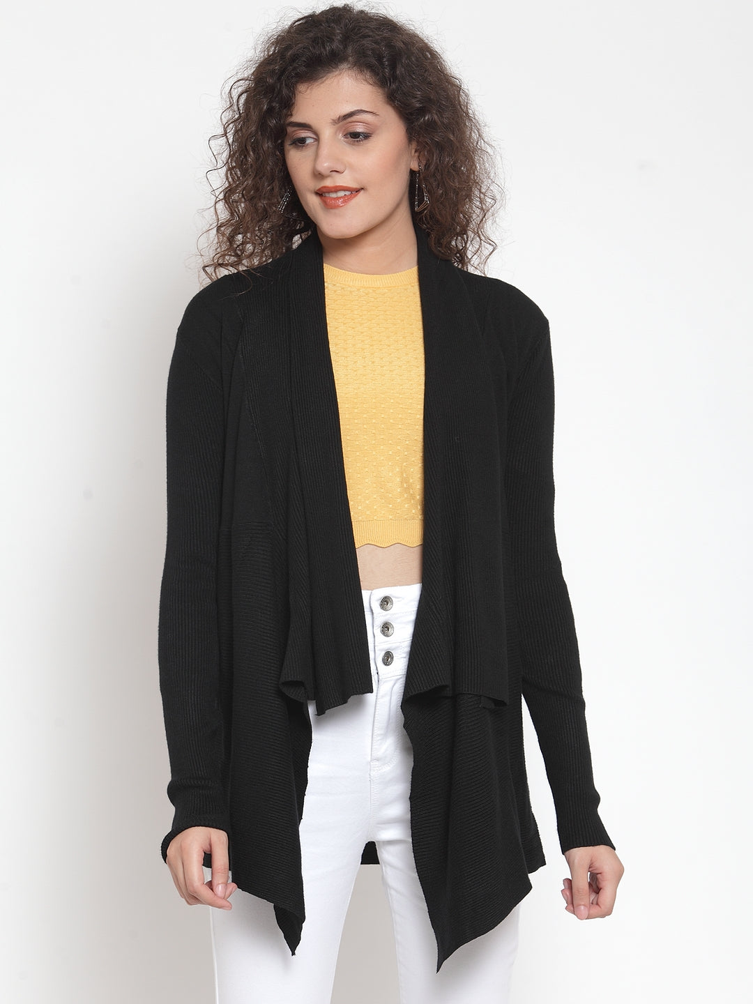 Women Black Long Sleeves Solid Shrug