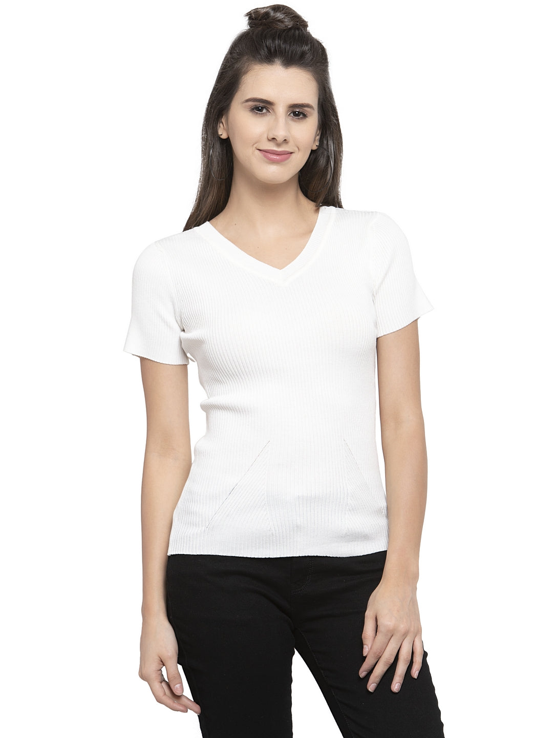 Women Solid Off White and Teal Viscose Combo of 2 Tops