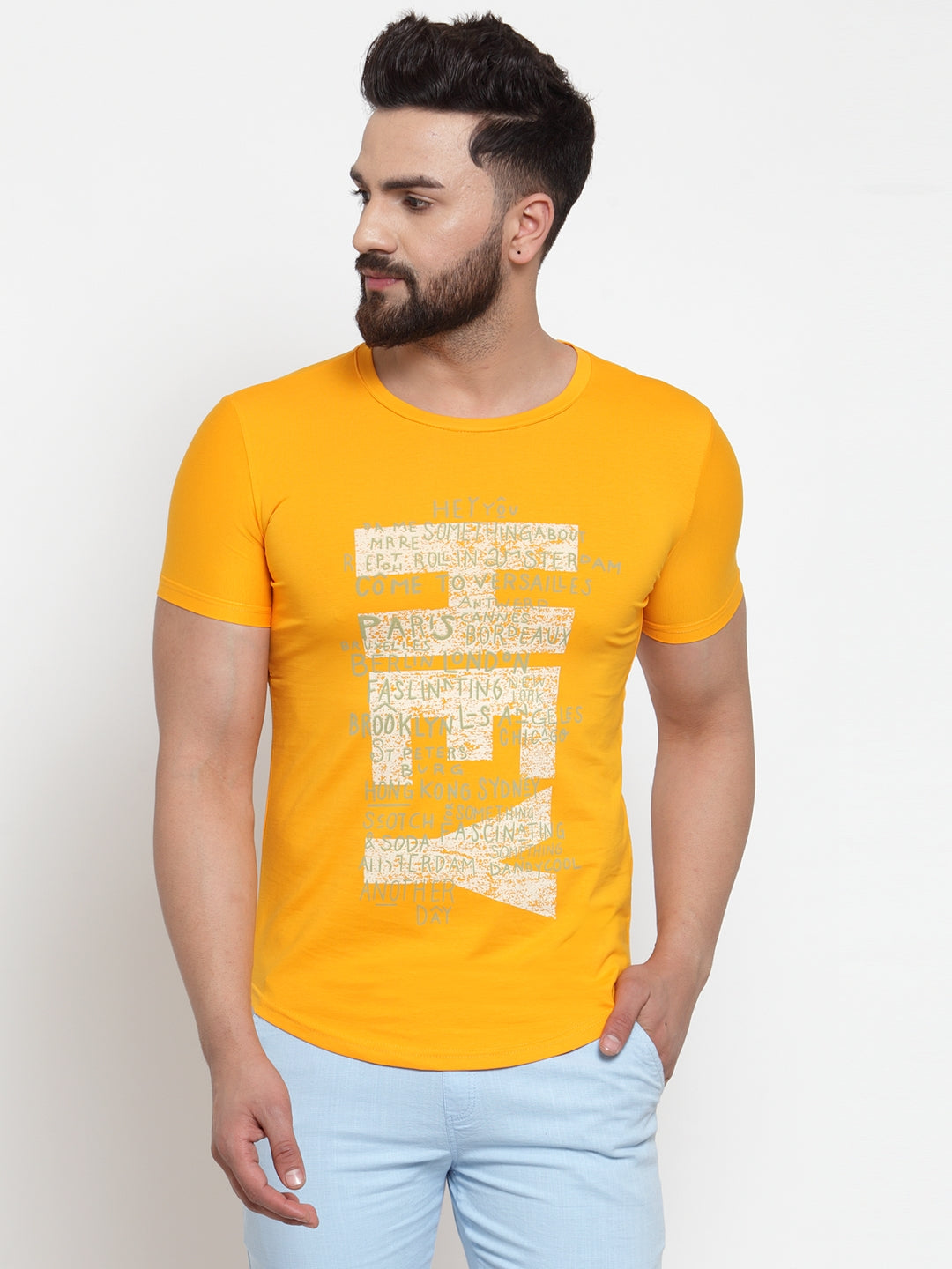 Mens Yellow Hosiery Printed T-Shirt
