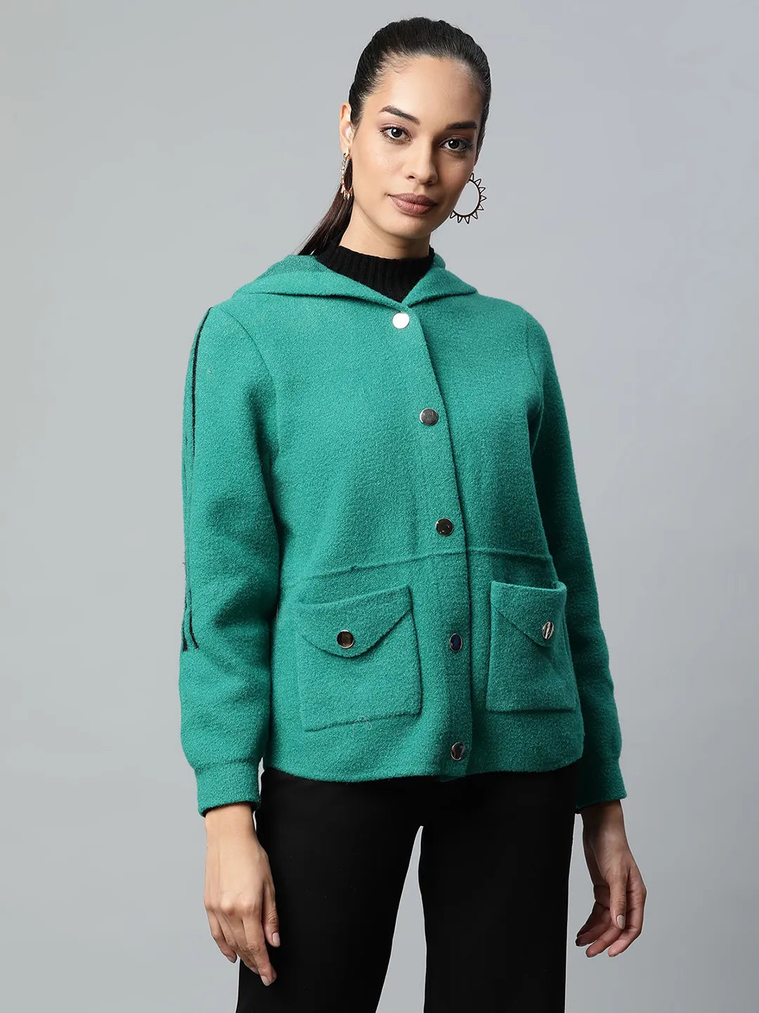 Women Green Color Hooded Jacket