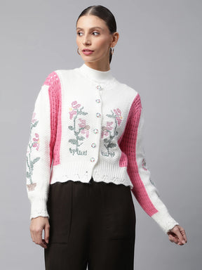 Women Pink Floral Embroidered Regular Fit Cardigan
