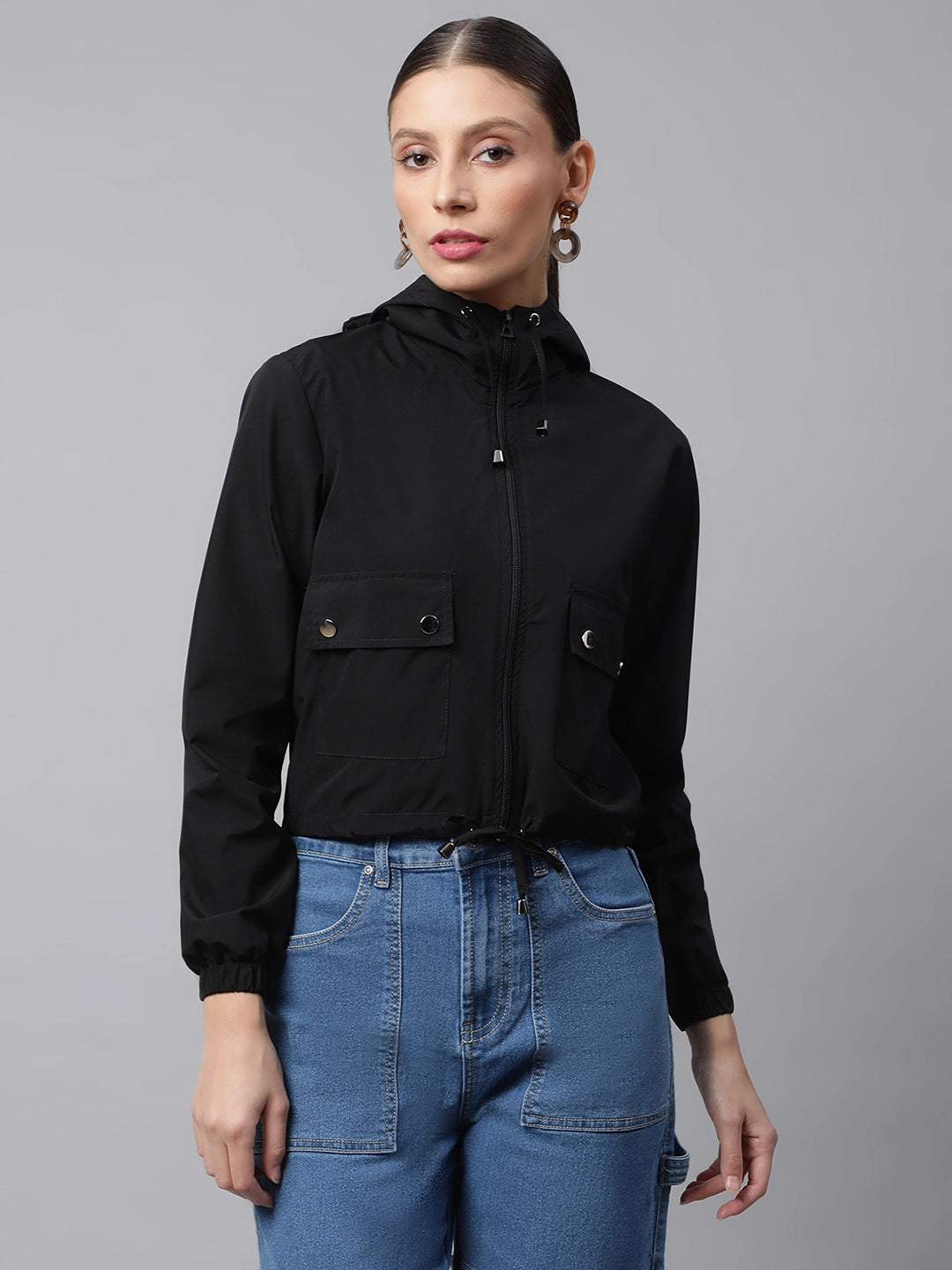 Black Hooded Cropped Jacket - Global Republic
