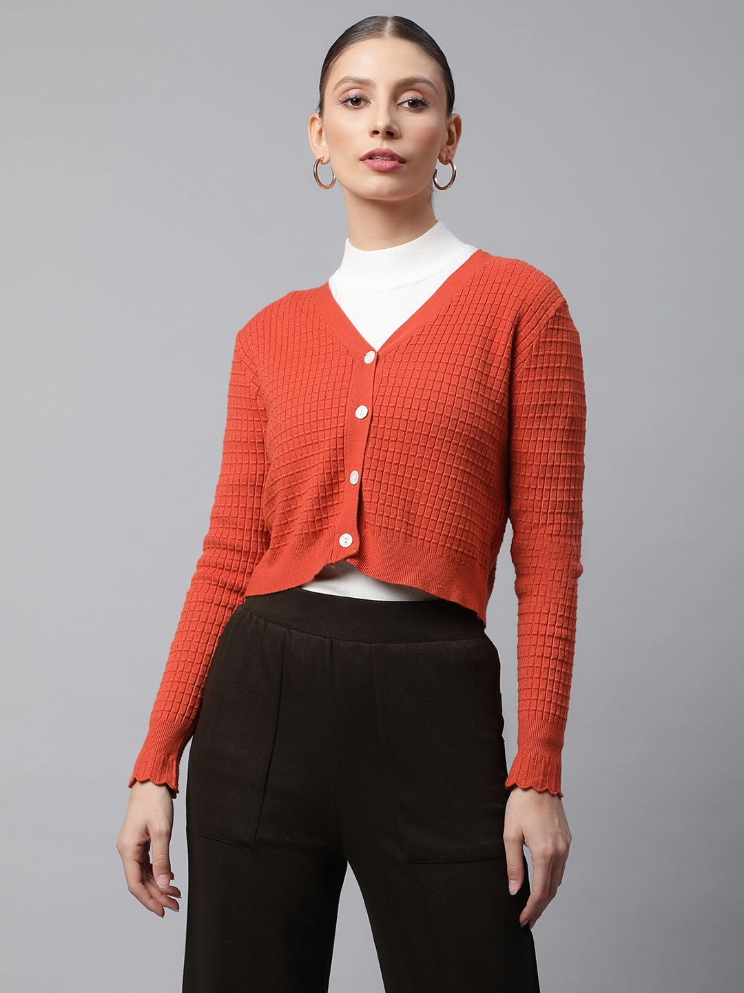 Rust Jacquard Crop Cardigan - Global Republic
