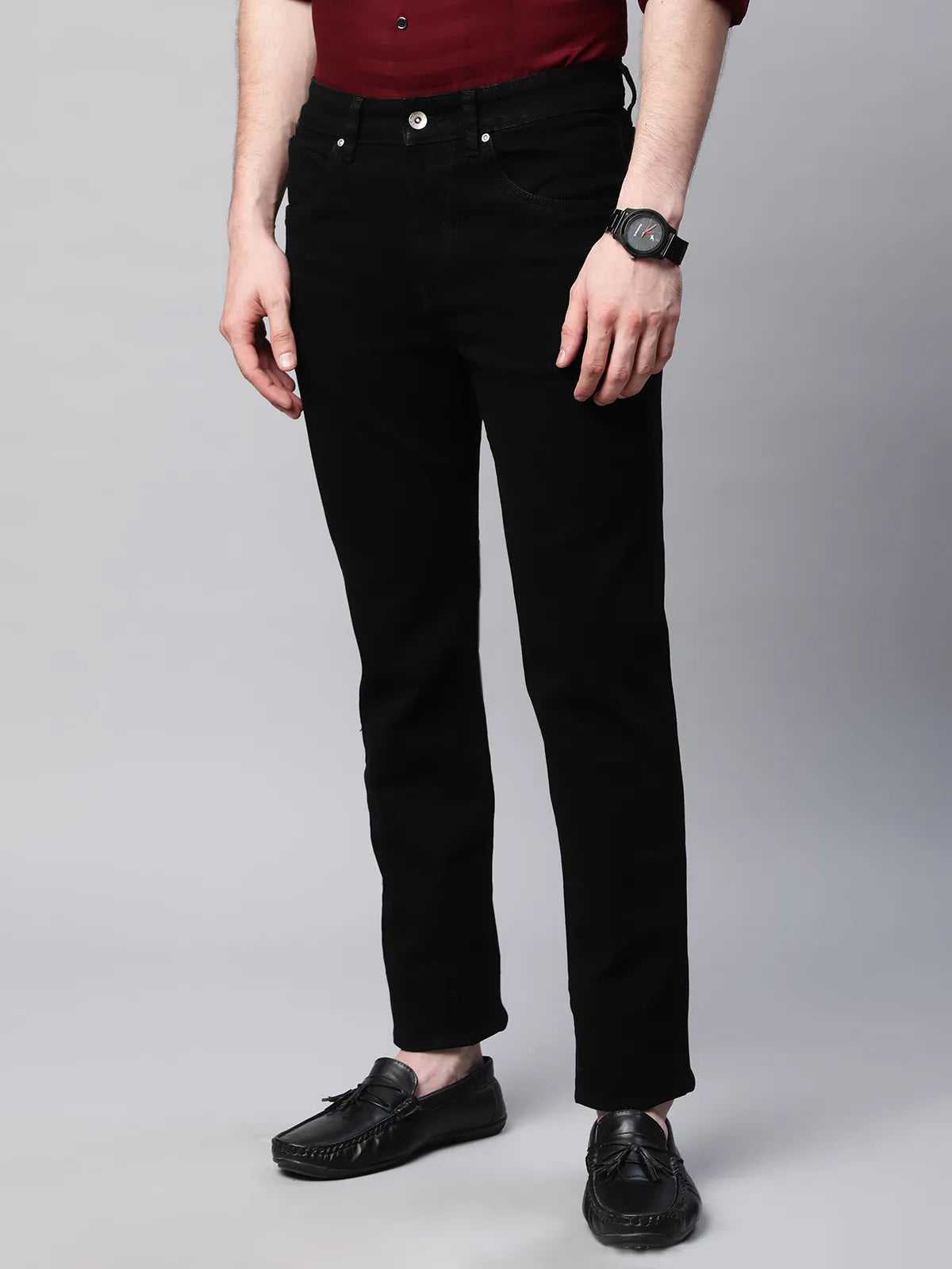 Mens Black Straight Fit Stone Wash 5-Pocket Jeans - Global Republic