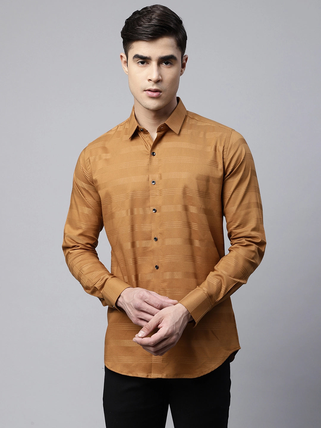 Mens Gold Slim Fit Horizontal Self Striped Shirt - Global Republic