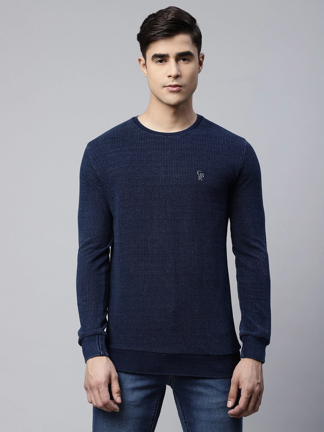 Mens Indigo Textured Round Neck Regular Fit Jacquard Sweatshirt - Global Republic