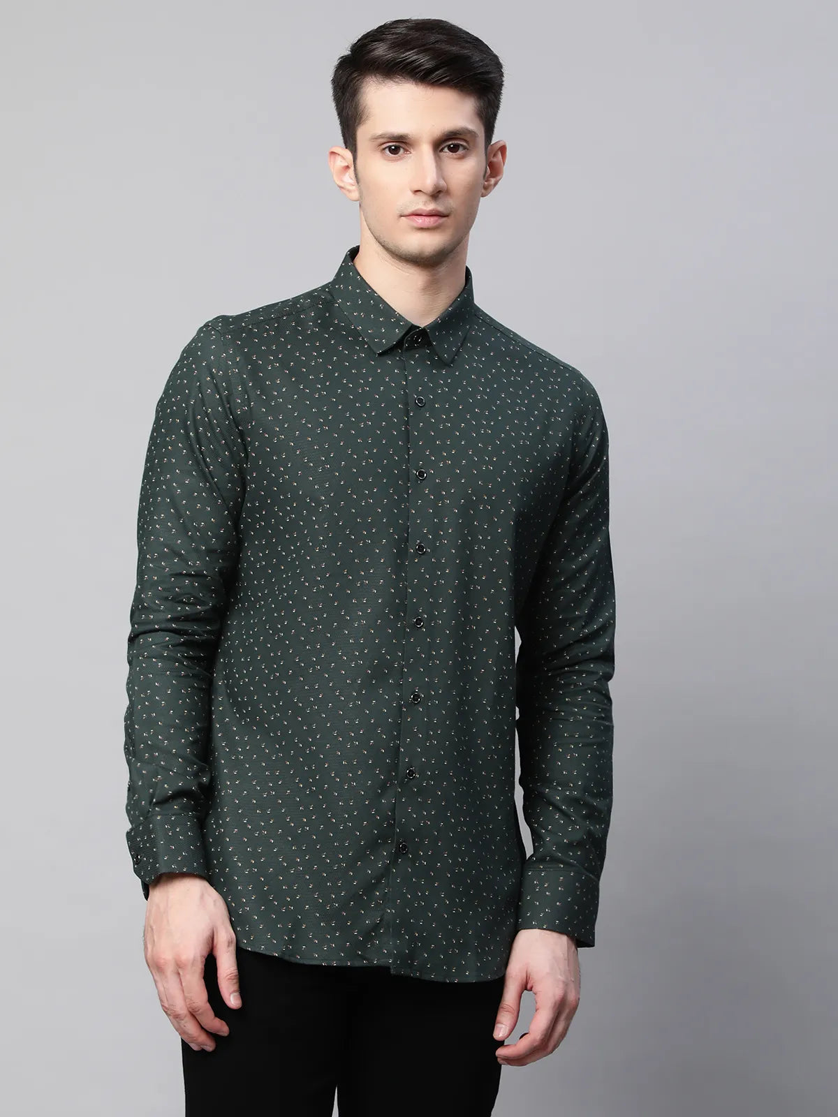 Mens Olive Regular Fit Overall Printed Shirt - Global Republic