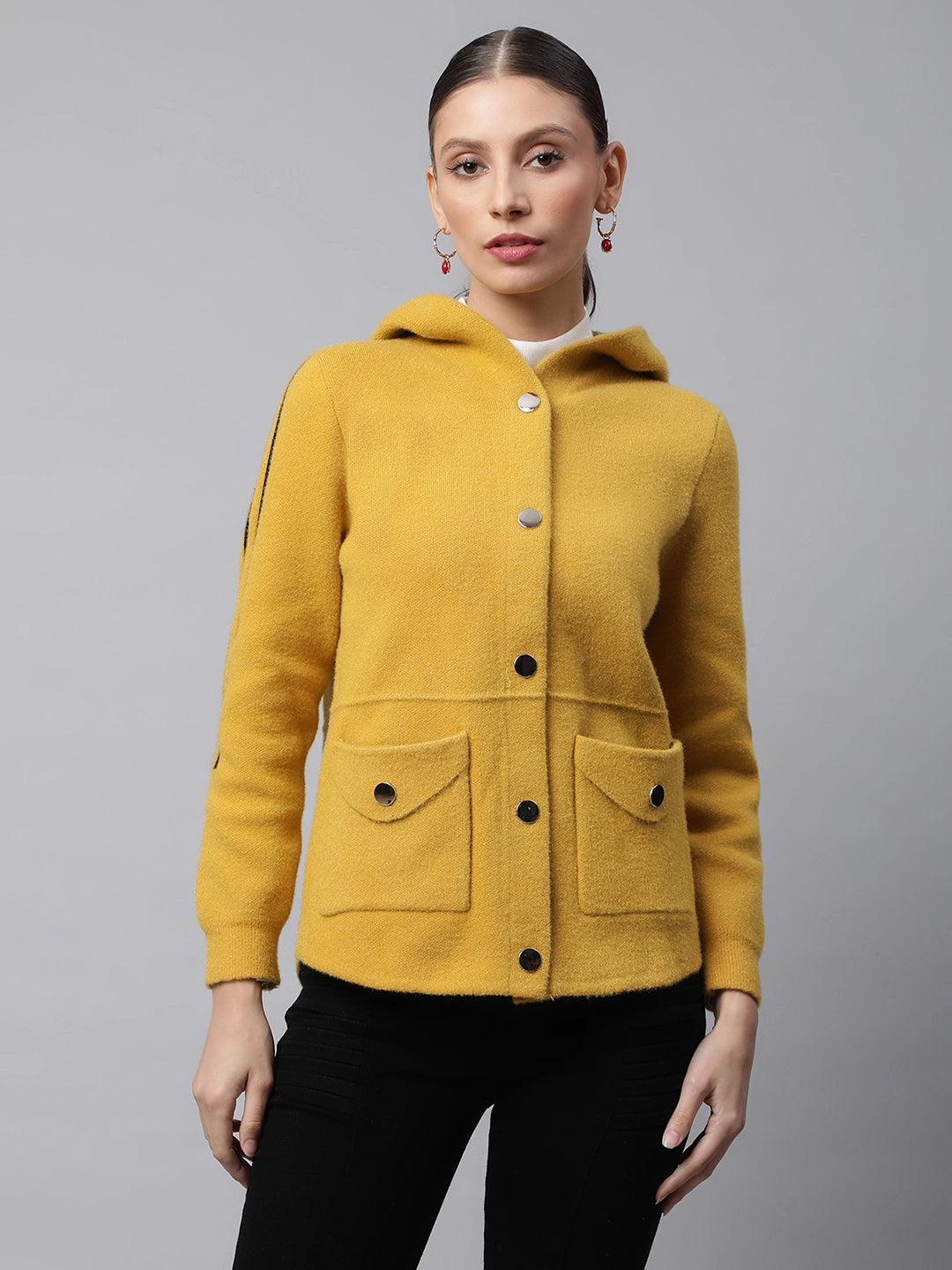 Women Mustard Regular Fit Printed Hooded Jacket - Global Republic